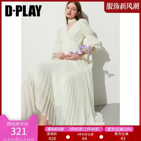 DPLAY新法式优雅奶油杏重工压褶V领飘带氛围感大摆裙仙女裙商品大图