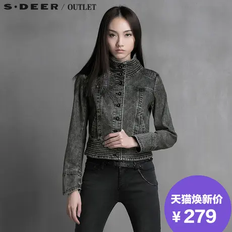 sdeer圣迪奥女装2017秋装复古印花修身牛仔短款外套上衣S15182272图片