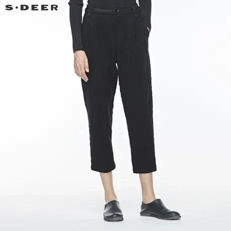 sdeer 圣迪奥休闲插袋拼接压褶肌理褶皱黑色九分裤S19480849图片