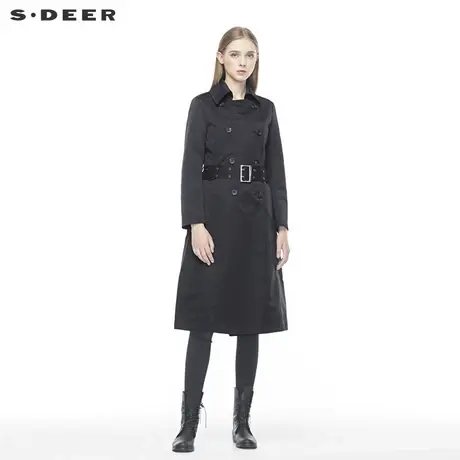 sdeer圣迪奥时尚休闲翻领双排扣字母贴布黑色收腰大衣女S19381845图片