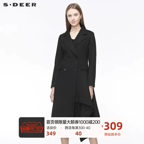 sdeer圣迪奥女装平驳领双排扣插袋不规则纯黑毛呢大衣S19481857图片