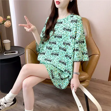 2024年新款春夏季韩版宽松中长款绿色字母百搭上衣ins短袖t恤女装图片