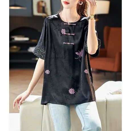 宝诗黎圆领亮片刺绣提花中袖小衫2025夏季气质新中式拼接雪纺衫女图片