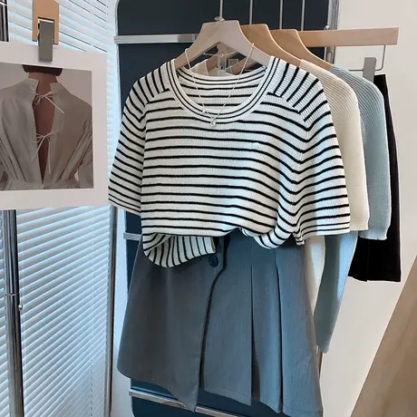 条纹插肩袖针织衫女2025夏装新款宽松慵懒风外穿上衣短袖t恤衫潮图片