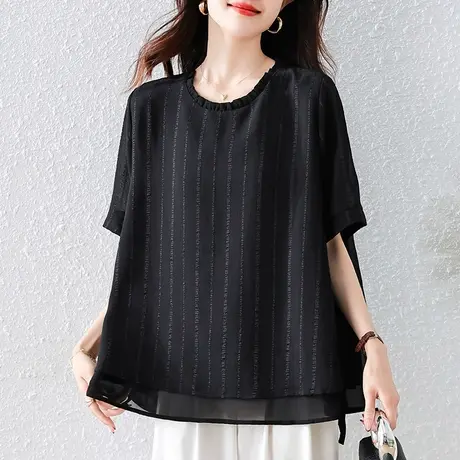 雪纺衫女短袖夏季新款加大码女装宽松中年妈妈洋气遮肚子显瘦上衣图片