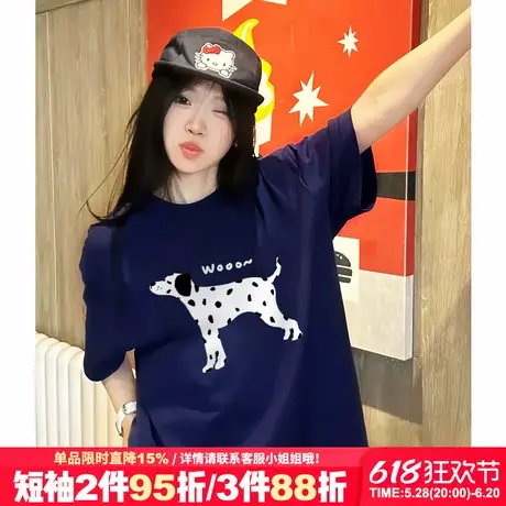 美式甜酷风斑点狗印花藏蓝色短袖t恤女夏季新款设计感宽松上衣潮商品大图