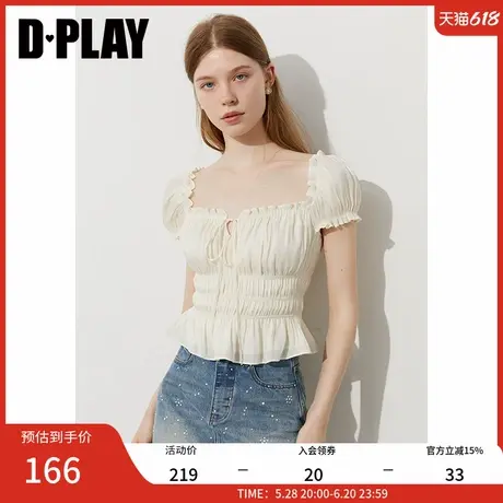 DPLAY2025年夏季新款白色方领泡泡袖上衣女镂空蝴蝶结甜美雪纺衫商品大图