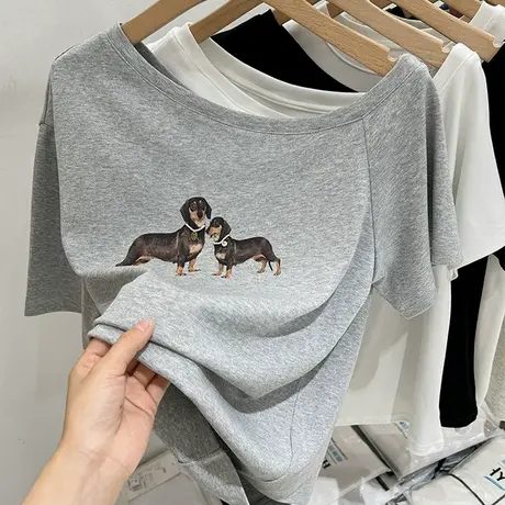 夏季2025新款斜肩露肩短袖T恤女宽松韩版内搭外穿打底半袖上衣潮商品大图