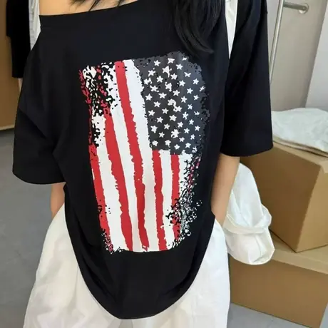 韩国东大门夏季新款美式宽松显瘦百搭斜肩短袖T恤女休闲露肩上衣商品大图