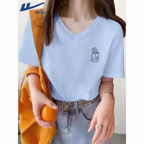 回力v领t恤女短袖夏季2025新款女学生蓝色抗菌上衣冰丝凉感半袖A商品大图