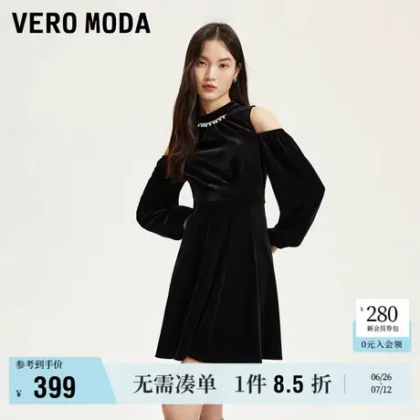Vero Moda奥莱连衣裙秋季新款露肩金属亮钻灯笼袖丝绒短裙子流行商品大图