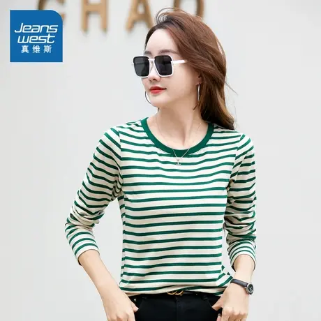 VO真维斯女装2025秋季新款 韩版条纹圆领复古百搭撞色长袖T恤商品大图