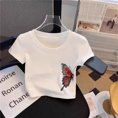 港风白色蝴蝶印花短袖t恤女2025年新款别致正肩短款上衣圆领小衫商品大图