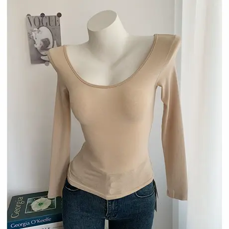 纯欲贴身性感朦胧透视弹力紧身长袖t恤上衣内搭薄款U领打底衫女图片