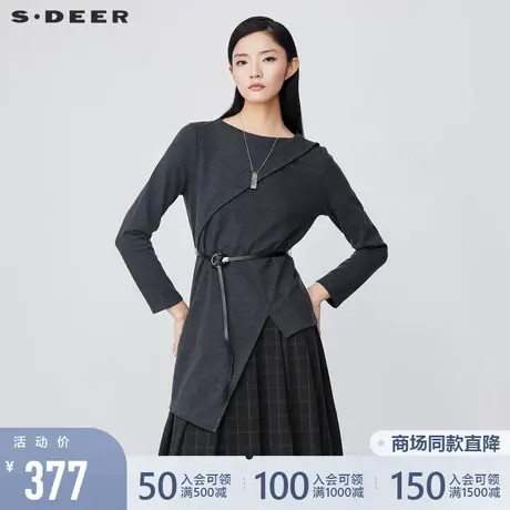 sdeer圣迪奥2021冬新品时尚圆领不规则拼接收腰长袖T恤S21480211🤹商品大图