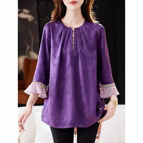 宝诗黎喇叭袖钉珠提花雪纺衫女2025春季气质高级感百搭新中式小衫图片