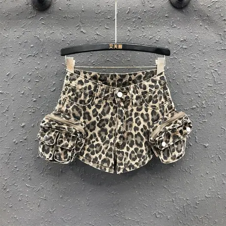 美式炸街个性豹纹牛仔短裤女2025夏季新款复古高腰工装阔腿裤热裤商品大图