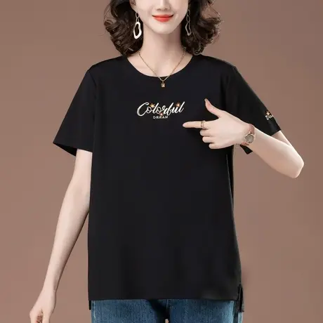 短袖T恤女夏季宽松加肥加大码女装中老年妈妈刺绣遮肚显瘦体恤衫图片