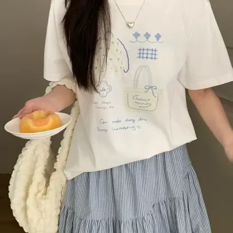 凉感雪花棉2025夏装新款韩版卡通印花小清新短袖T恤女百搭上衣服图片
