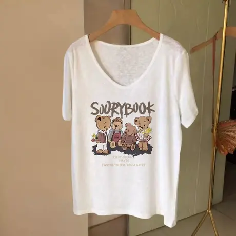 欧货超火竹节棉短袖t恤女夏甜酷风超好看显白大码v领胖mm上衣ins商品大图