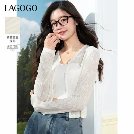 LAGOGO温柔蕾丝提花开衫女拉谷谷2025年夏季新款V领空调衫短外套商品大图