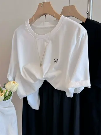 韩国新款纯棉蝴蝶结刺绣圆领百搭小香短袖T恤女百搭半袖上衣夏装商品大图