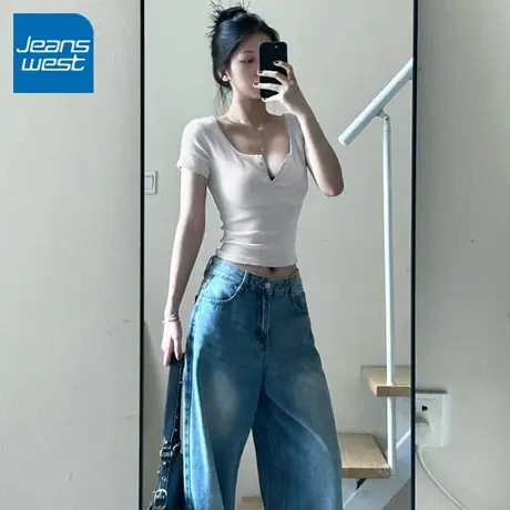 KV真维斯开扣正肩短袖女t恤2025新款夏季u领修身显瘦美式辣妹上衣商品大图