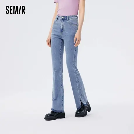 [商场同款]森马牛仔裤女撞色开叉喇叭裤显瘦2024夏季新款毛边长裤商品大图