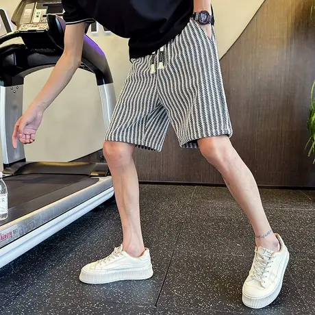 2025新款潮牌针织短裤条纹时尚百搭休闲宽松直筒五分裤中裤男卫裤商品大图