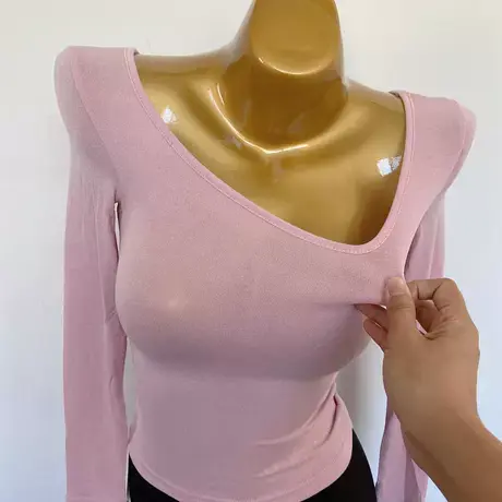 2021秋装ins性感大圆领紧身弹力上衣女大领口微透长袖T恤打底衫粉图片