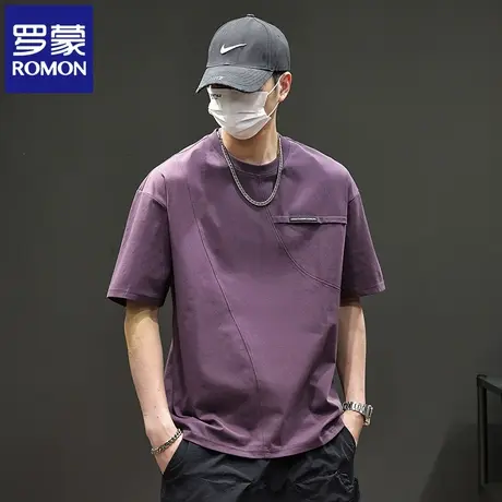 罗蒙设计感冰氧男士短袖T恤夏季宽松透气重磅拼接百搭圆领上衣N1Z图片