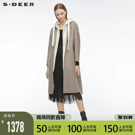 sdeer圣迪奥女装英伦斜纹抽绳连帽抽绳拼接毛呢大衣外套S19481866图片