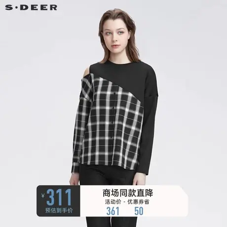 sdeer圣迪奥秋装圆领格纹露肩不规则长袖T恤女S22180210图片
