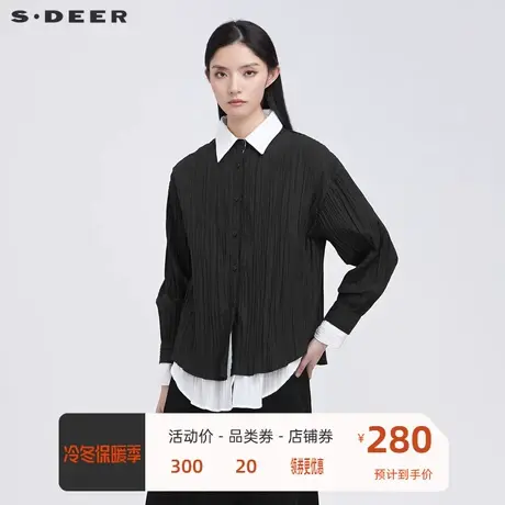sdeer圣迪奥女装休闲翻领肌理褶皱撞色拼接长袖衬衫S21480511图片
