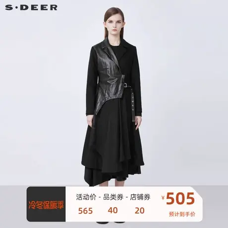 sdeer圣迪奥女装西装领仿皮拼接收腰长款高级感毛呢大衣S21481809图片