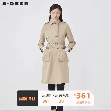 sdeer圣迪奥女装英伦风翻领双排扣收腰长款风衣S21381821图片