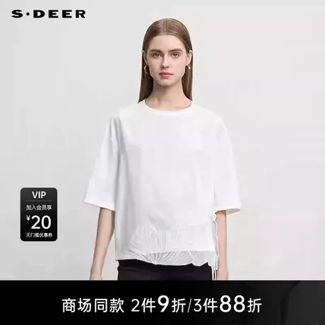 【商场同款】sdeer圣迪奥女休闲圆领绣花不规则短袖T恤S25280131图片