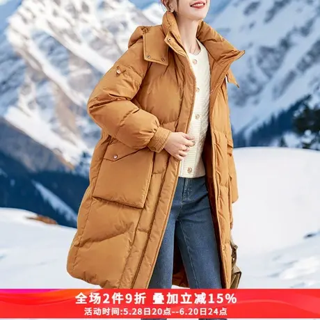 娅丽达保暖连帽白鸭绒中长款羽绒服女冬2024新款宽松跨年红色棉服商品大图