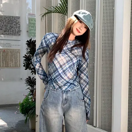 尔给时尚气质格纹T恤女网纱显瘦圆领长袖上衣女商品大图