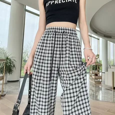 八分复古直筒黑白格子裤女夏季薄款高腰垂感休闲小个子九分阔腿裤图片