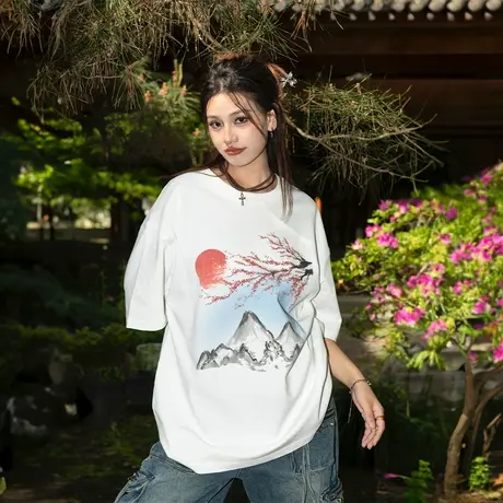 YEP复古国风白色印花t恤女2025年新款新中式纯棉短袖上衣宽松半袖图片