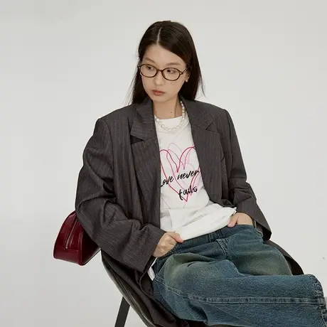 omont蛋挞家 复古灰色西装外套女2025春季高级感慵懒宽松休闲西服商品大图