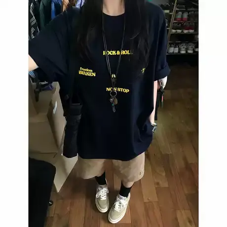 美式复古高街潮牌字母短袖t恤女纯棉港味chic情侣款夏季宽松上衣图片