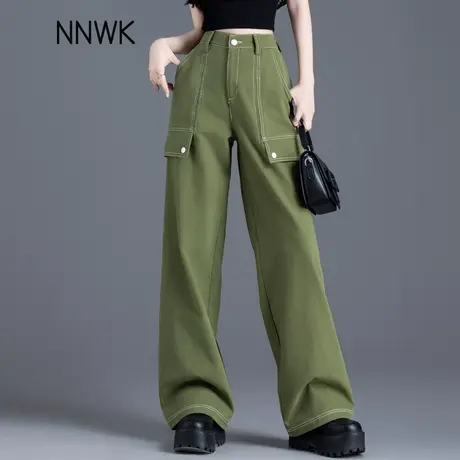 清仓工装牛仔裤2025新款女士美式高街军绿色裤子直筒裤春秋阔腿裤商品大图