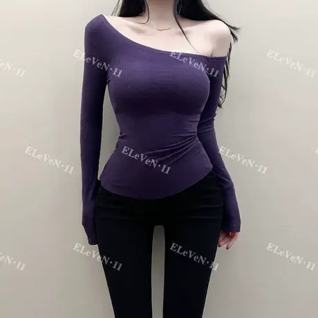 值得入~韩版纯欲小心机性感斜肩长袖T恤秋冬时髦修身弹力打底上衣商品大图