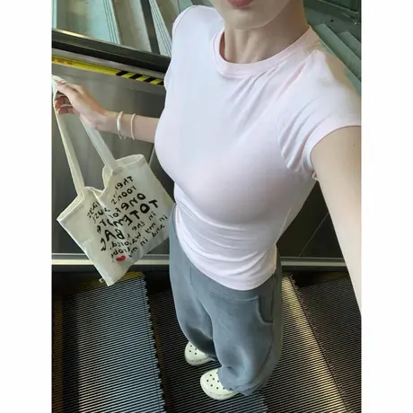 辣妹甜飒风短袖T恤女夏季韩版修身打底衫内搭短款正肩半袖上衣潮商品大图