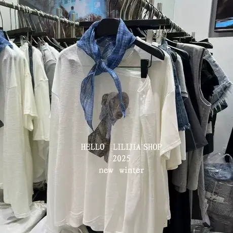 2025夏季新款韩版时尚百搭显瘦卡通斜肩印花长袖T恤女防晒衫上衣商品大图