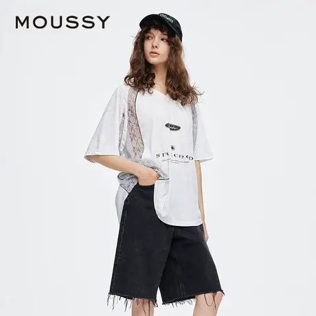 MOUSSY 2025夏季新品蕾丝拼接V领宽松篮球服印花T恤028ISA90-2921图片