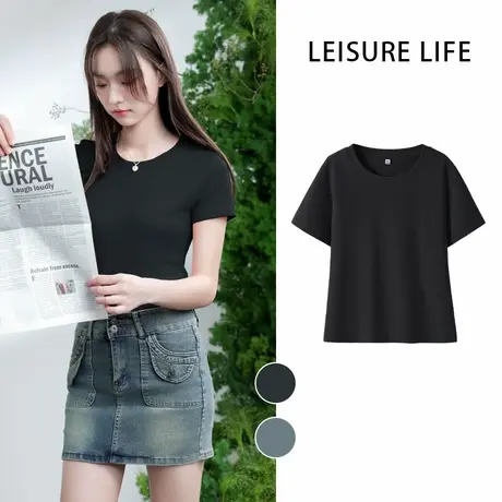 KMV真维斯黑色短袖t恤女2025新款夏季紧身显瘦正肩小个子打底上衣图片