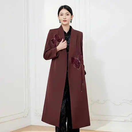 希区瑞普新中式国风重工蝴蝶刺绣V领钉珠开衫长款礼服风衣外套商品大图